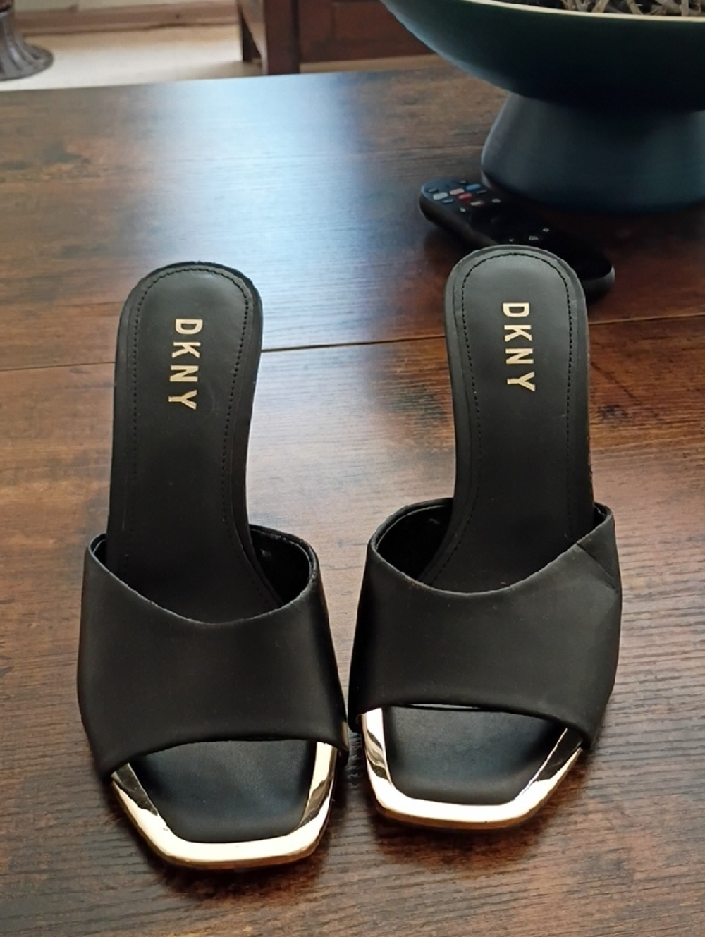 DKNY Black Slide Mules with Gold Trim